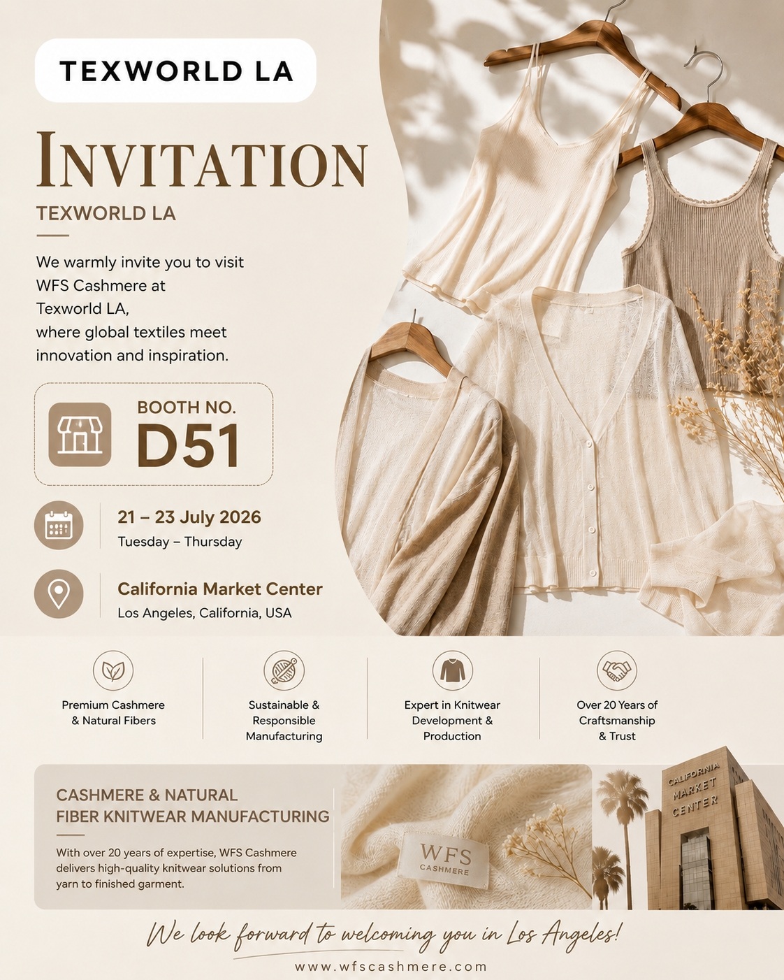 WFS Cashmere tại Texworld Los Angeles 2026 - Bờ T&acirc;y, H&agrave;ng dệt kim đẳng cấp thế giới