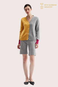 Cardigan personalizat din cașmir pur cu decolteu &icirc;n V cu bloc de culoare | Producător OEM de tricotaje pentru femei