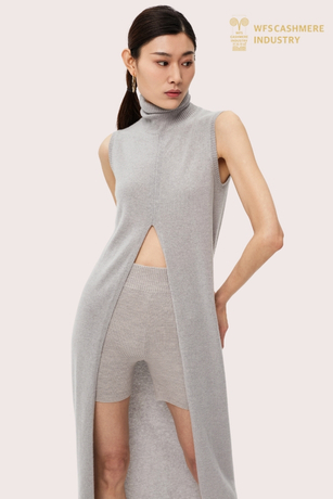 Marangyang Purong Cashmere ng Mataas na Leeg na Gray na Dress | Premium Sweater Dress OEM Manufacturer