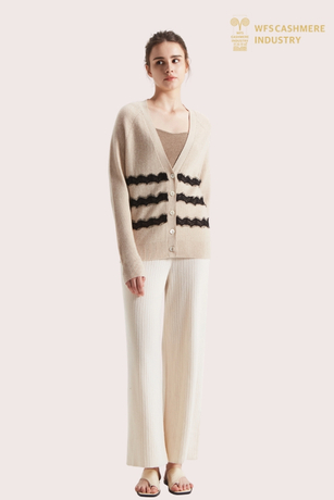 Women's Pura Cashmere V-Neck Button Cardigan with triticum Stripe | Custom Knitwear OEM Manufacturer